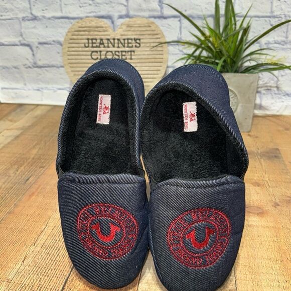 Men's True Religion Brand Jeans Blue Denim Red Logo Slippers Sz L 11/12 - Picture 5 of 9
